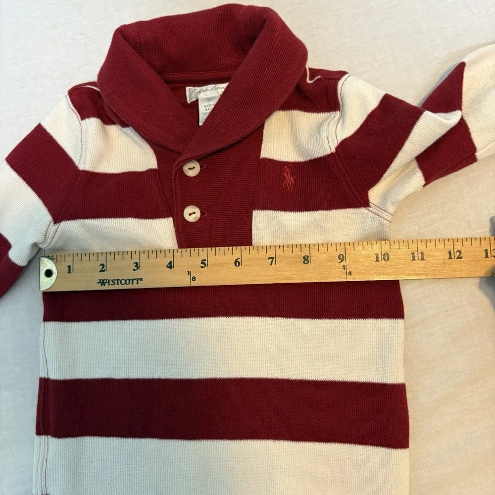 Ralph Lauren Baby Romper 12 Months Rugby Stripe Shawl Collar Red White Snap Legs